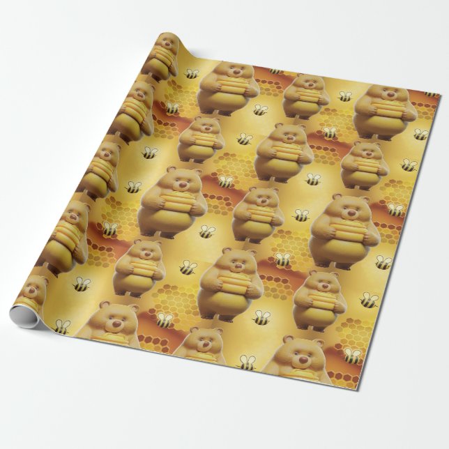 Papel De Regalo Osos dulces de miel y abejas Patrón sin foco 3D (Desenrollado)