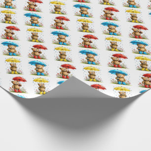Papel De Regalo Osos Lindos en Chanclos con Paraguas Caprichosos