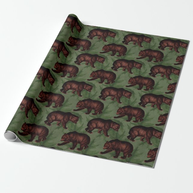 Papel De Regalo Osos marrones vintage en verde (Desenrollado)