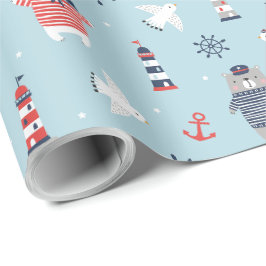 Papel De Regalo Osos náuticos, gaviotas y faros azules
