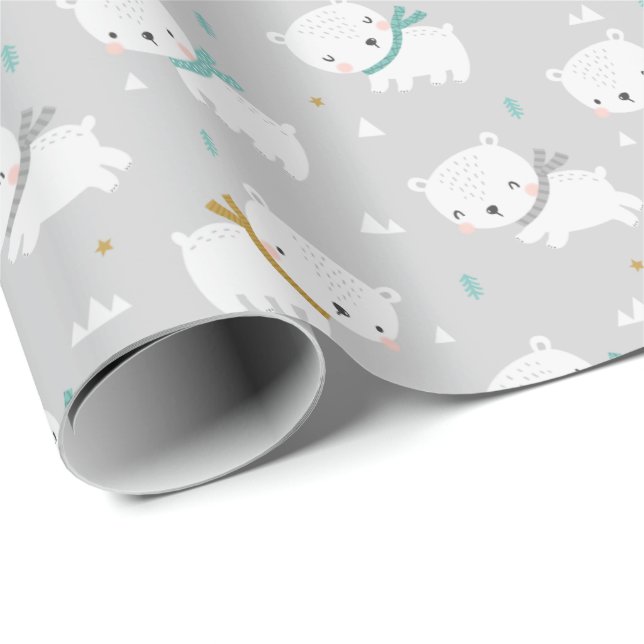 Papel De Regalo Osos polares cortos con pañuelos en gris claro (Esquina del rollo)
