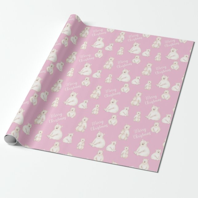 Papel De Regalo Osos polares cortos Feliz Navidad rosa (Desenrollado)