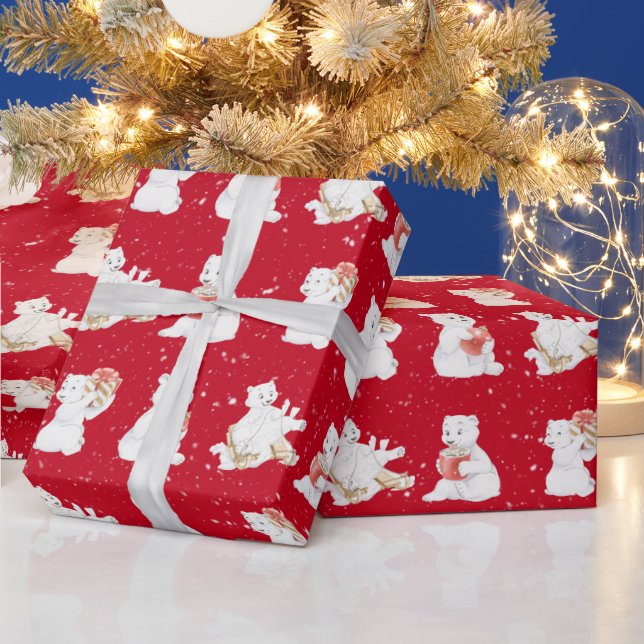 Papel De Regalo Osos Polares De Acuarela En Copos De Nieve (Vacaciones)