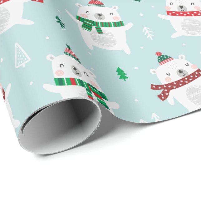 Papel De Regalo Osos polares de Navidades pequeños en la menta (Esquina del rollo)