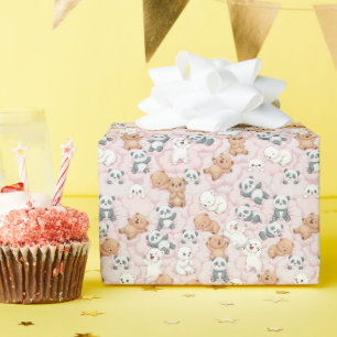 Papel De Regalo Osos y pandas lindos en nubes rosadas sin fisuras