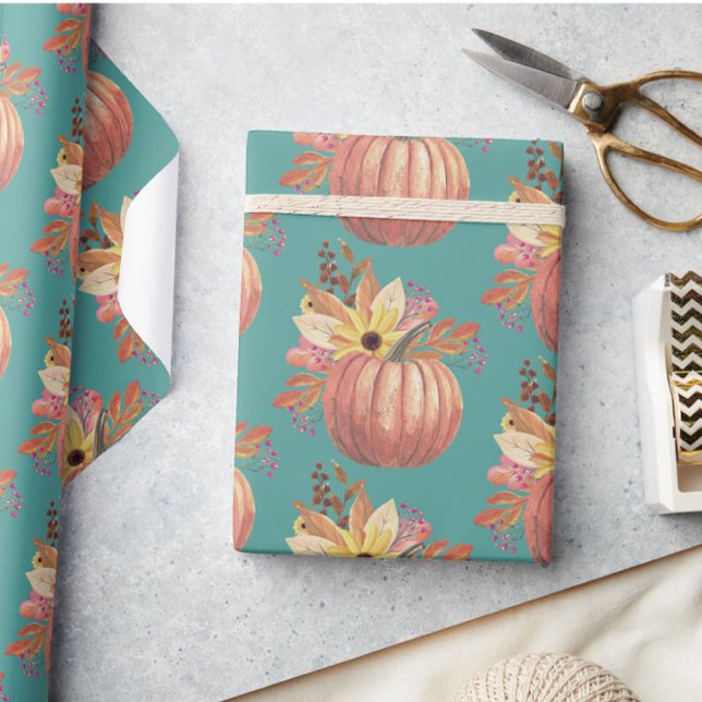 Papel De Regalo Otoño calabaza floral terracota naranja y azul ver (Subido por el creador)
