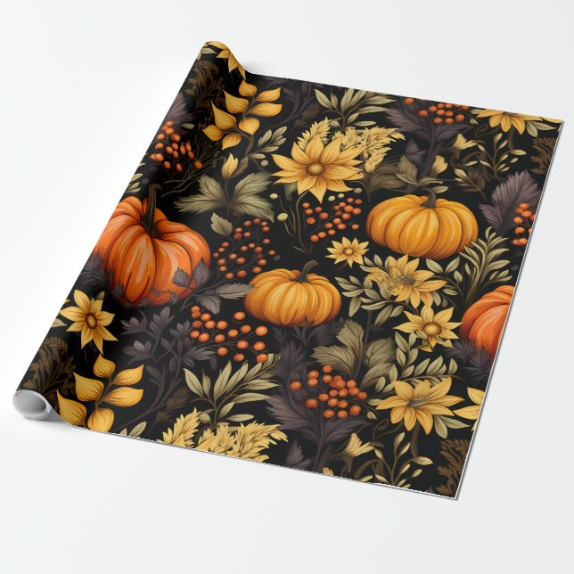 Papel De Regalo Otoño con girasoles, calabazas y boho florals (Desenrollado)