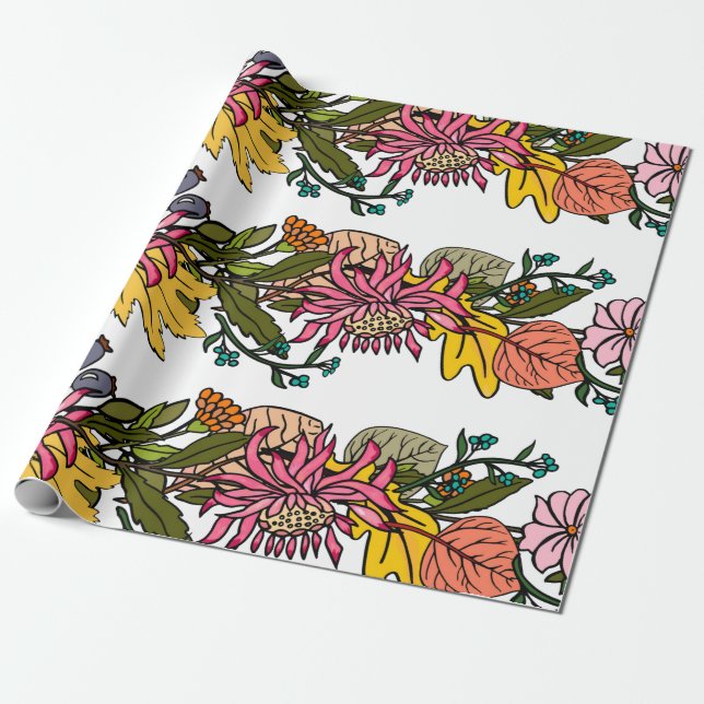 Papel De Regalo Otoño lindo modhand dibujó flores y hojas más gran (Desenrollado)