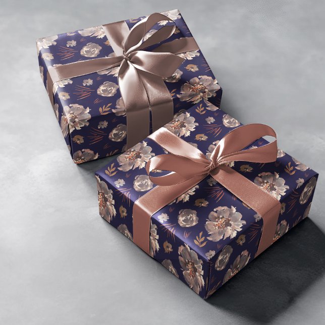 Papel De Regalo Otoño Moody Flowers Cae acuarela Patrón azul (Autumn flowers on blue pattern wrapping paper.)