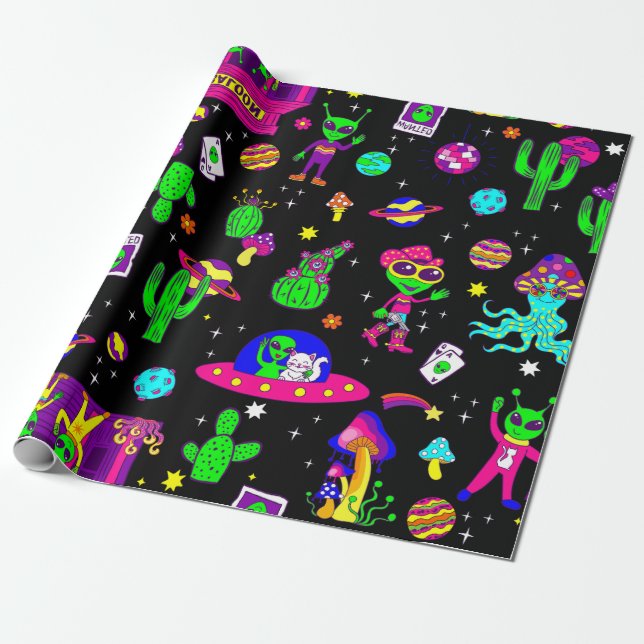 Papel De Regalo outer space disco alien ufo cosmic saloon (Desenrollado)