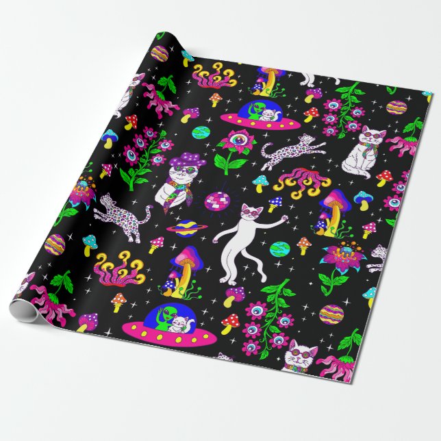 Papel De Regalo outer space disco cat alien ufo leopard surreal (Desenrollado)