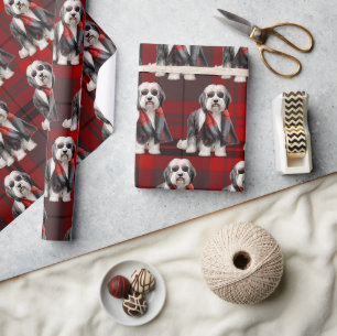 Papel De Regalo Oveja adorable y divertida Navidad con cuadros roj
