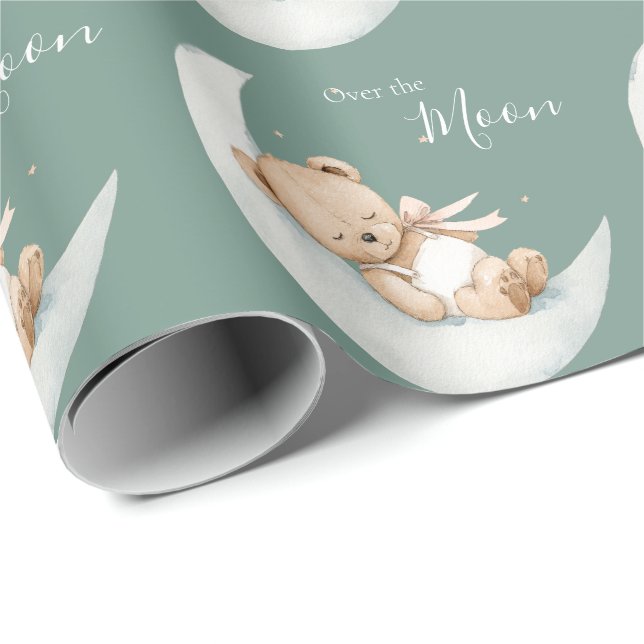 Papel De Regalo Over the Moon Bear Baby Shower (Esquina del rollo)