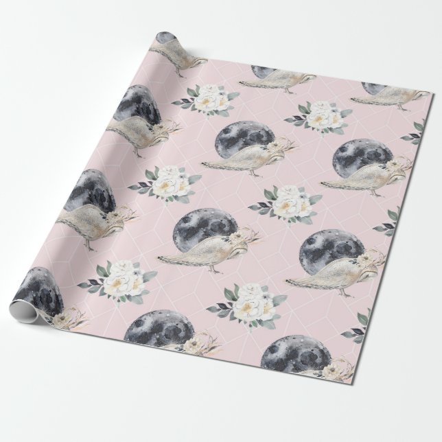 Papel De Regalo Owl Moon And Flowers (Desenrollado)