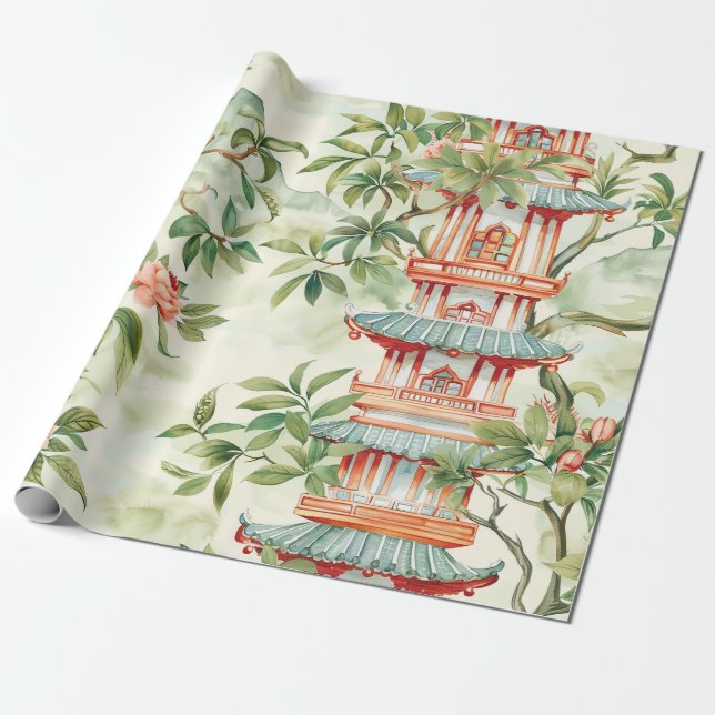 Papel De Regalo Pagoda asiática acuarela en paisaje verde (1) (Desenrollado)