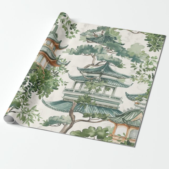 Papel De Regalo Pagoda asiática acuarela en paisaje verde (10) (Desenrollado)