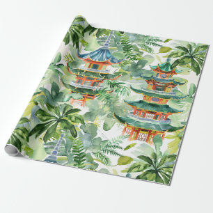 Papel De Regalo Pagoda asiática acuarela en paisaje verde (11)
