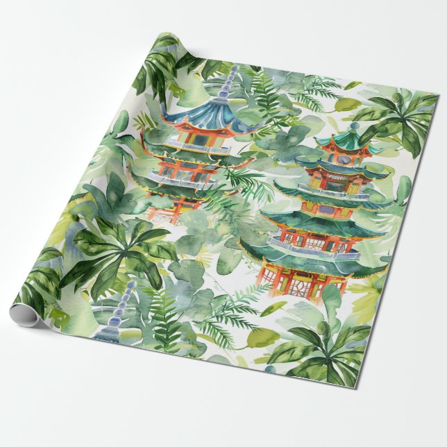 Papel De Regalo Pagoda asiática acuarela en paisaje verde (11) (Desenrollado)