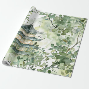 Papel De Regalo Pagoda asiática acuarela en paisaje verde (13)