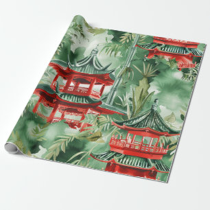 Papel De Regalo Pagoda asiática acuarela en paisaje verde (14)