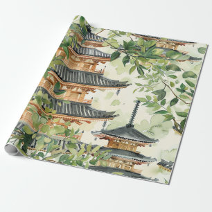 Papel De Regalo Pagoda asiática acuarela en paisaje verde (16)