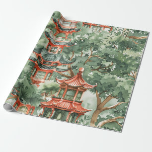 Papel De Regalo Pagoda asiática acuarela en paisaje verde (17)
