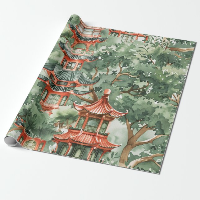 Papel De Regalo Pagoda asiática acuarela en paisaje verde (17) (Desenrollado)