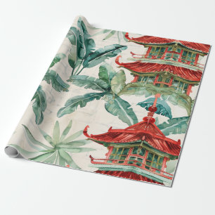 Papel De Regalo Pagoda asiática acuarela en paisaje verde (2)