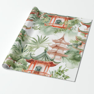 Papel De Regalo Pagoda asiática acuarela en paisaje verde (3)