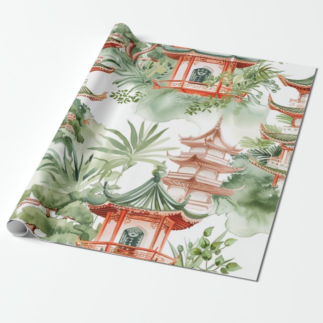 Papel De Regalo Pagoda asiática acuarela en paisaje verde (3) (Desenrollado)