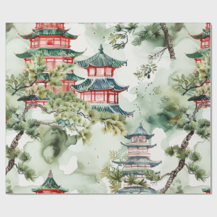 Papel De Regalo Pagoda asiática acuarela en paisaje verde (4)