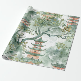 Papel De Regalo Pagoda asiática acuarela en paisaje verde (5)
