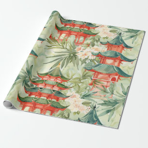 Papel De Regalo Pagoda asiática acuarela en paisaje verde (8)