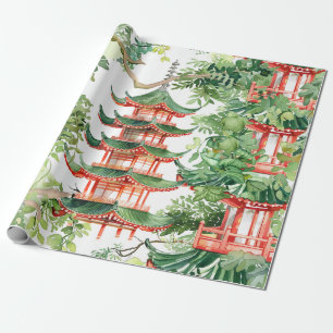 Papel De Regalo Pagoda asiática acuarela en paisaje verde (9)