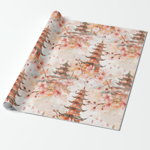 Papel De Regalo Pagoda china acuarela con flores de cerezo