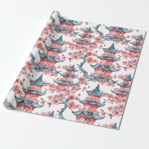 Papel De Regalo Pagoda china acuarela con flores de cerezo (6)