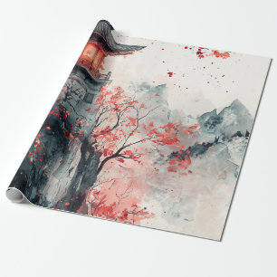 Papel De Regalo Pagoda de Sakura Carmesí Acuarela