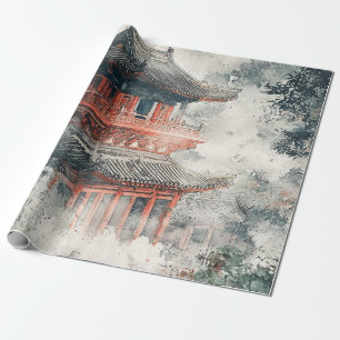 Papel De Regalo Pagoda Montaña Carmesí Tinta Lavada (1)