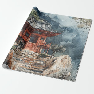 Papel De Regalo Pagoda Montaña Carmesí Tinta Lavada (2)