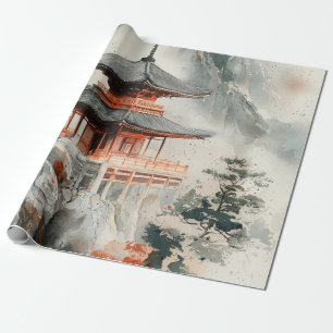 Papel De Regalo Pagoda Montaña Carmesí Tinta Lavada (3)