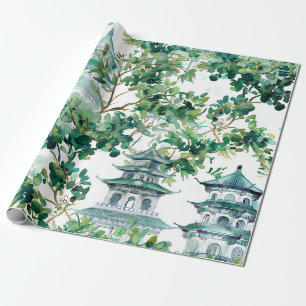 Papel De Regalo Pagodas Acuarela Bosque Olivo Paisaje Asiático