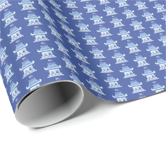 Papel De Regalo Pagodas chinas (sobre azul) (Esquina del rollo)