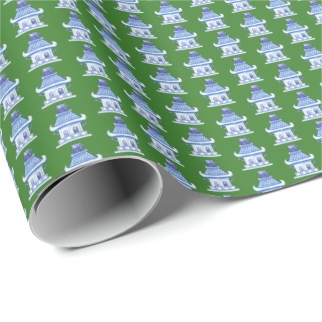 Papel De Regalo Pagodas Chinas (sobre verde)  (Esquina del rollo)