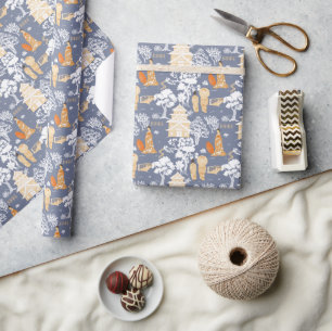 Papel De Regalo Pagodas Chinoiserie azul y Naranja