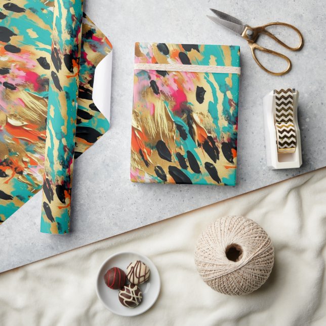 Papel De Regalo Paint Paint Leopard Paint de oro verde azulado (Artesanía)