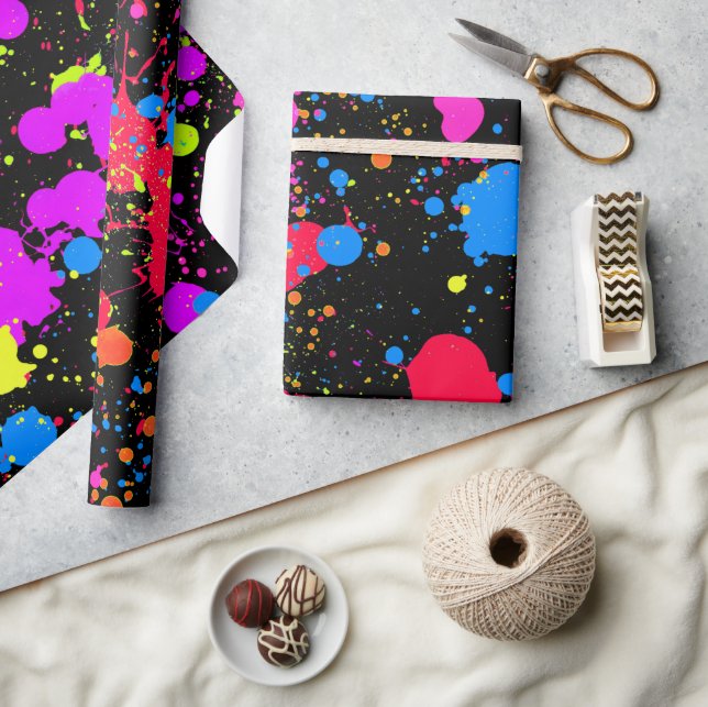 Papel De Regalo Paint Splatter Neon, Faux Glow in the Dark, (Artesanía)