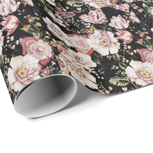 Papel De Regalo País bohemio perrito moda femenina floral negra (Esquina del rollo)