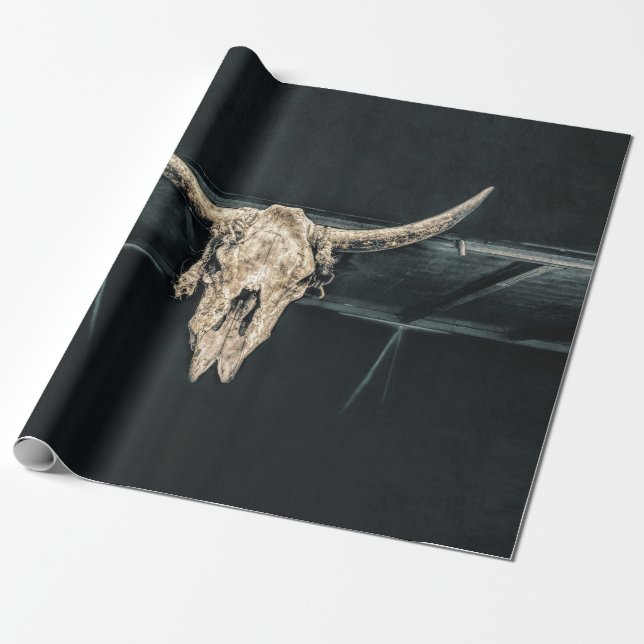 Papel De Regalo País occidental Beige Gray Rústico Bull Cow Skull (Desenrollado)
