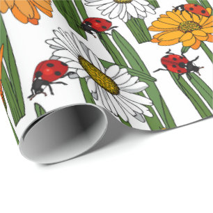 Papel De Regalo País prado de margaritas y pájaros dorados