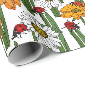 Papel De Regalo País prado de margaritas y pájaros dorados